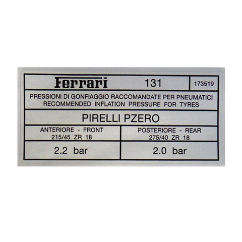 Pirelli P Zero Tyre Pressure Sticker	173519