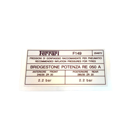 Bridgestone Potenza RE 050 Tyre Inflation Sticker	254972