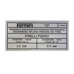 Pirelli P Zero Tyre Pressure Sticker